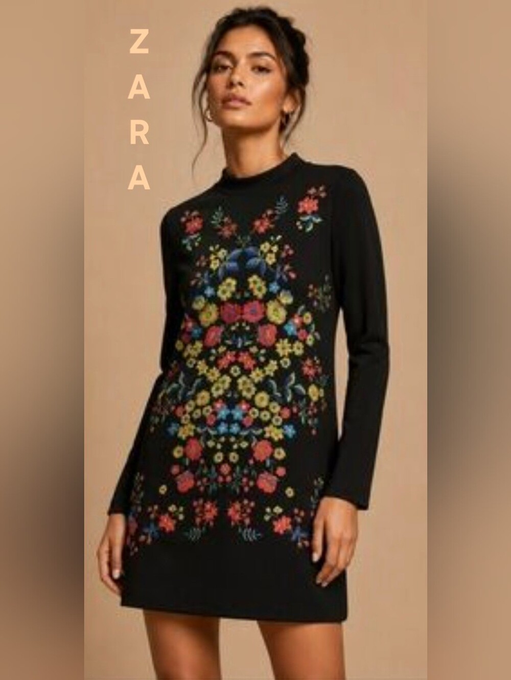 Zara Black Long-Sleeve Mini Dress with Multicolor Floral Embroidery Size L NWT